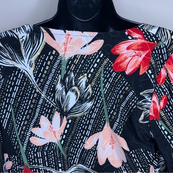 VINTAGE SMALL JM COLLECTION BLOUSE BLACK FLORAL GOLD SHIMMER ACCENT STRETCH - Picture 7 of 12